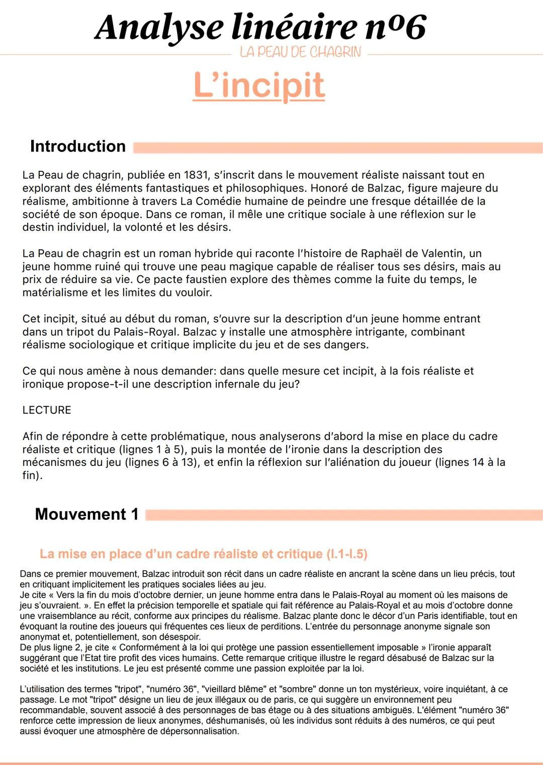 Analyse linéaire n°6
LA PEAU DE CHAGRIN
L'incipit
Introduction
La Peau de chagrin, publiée en 1831, s'inscrit dans le mouvement réaliste nai