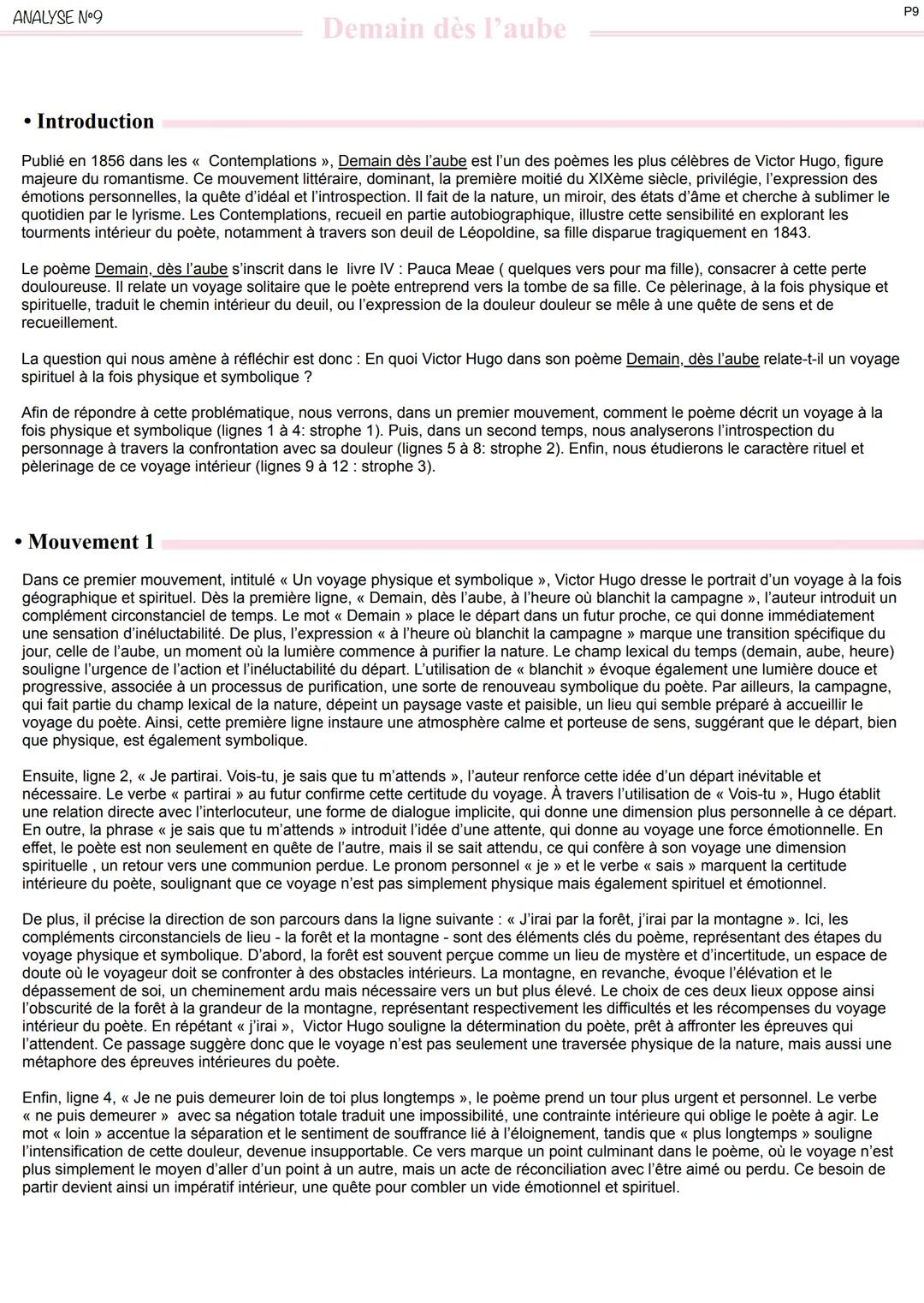 ANALYSE N°9
Demain dès l'aube
• Introduction
Publié en 1856 dans les << Contemplations », Demain dès l'aube est l'un des poèmes les plus cél