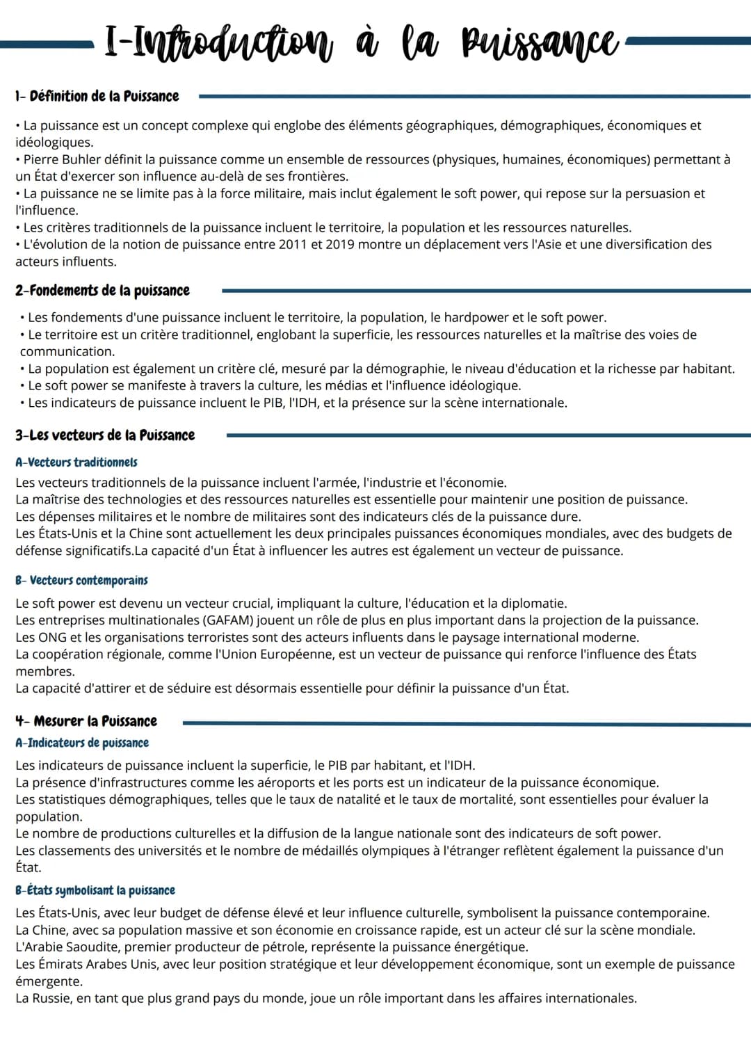 I-Introduction à la puissance
1- Définition de la Puissance
• La puissance est un concept complexe qui englobe des éléments géographiques, d