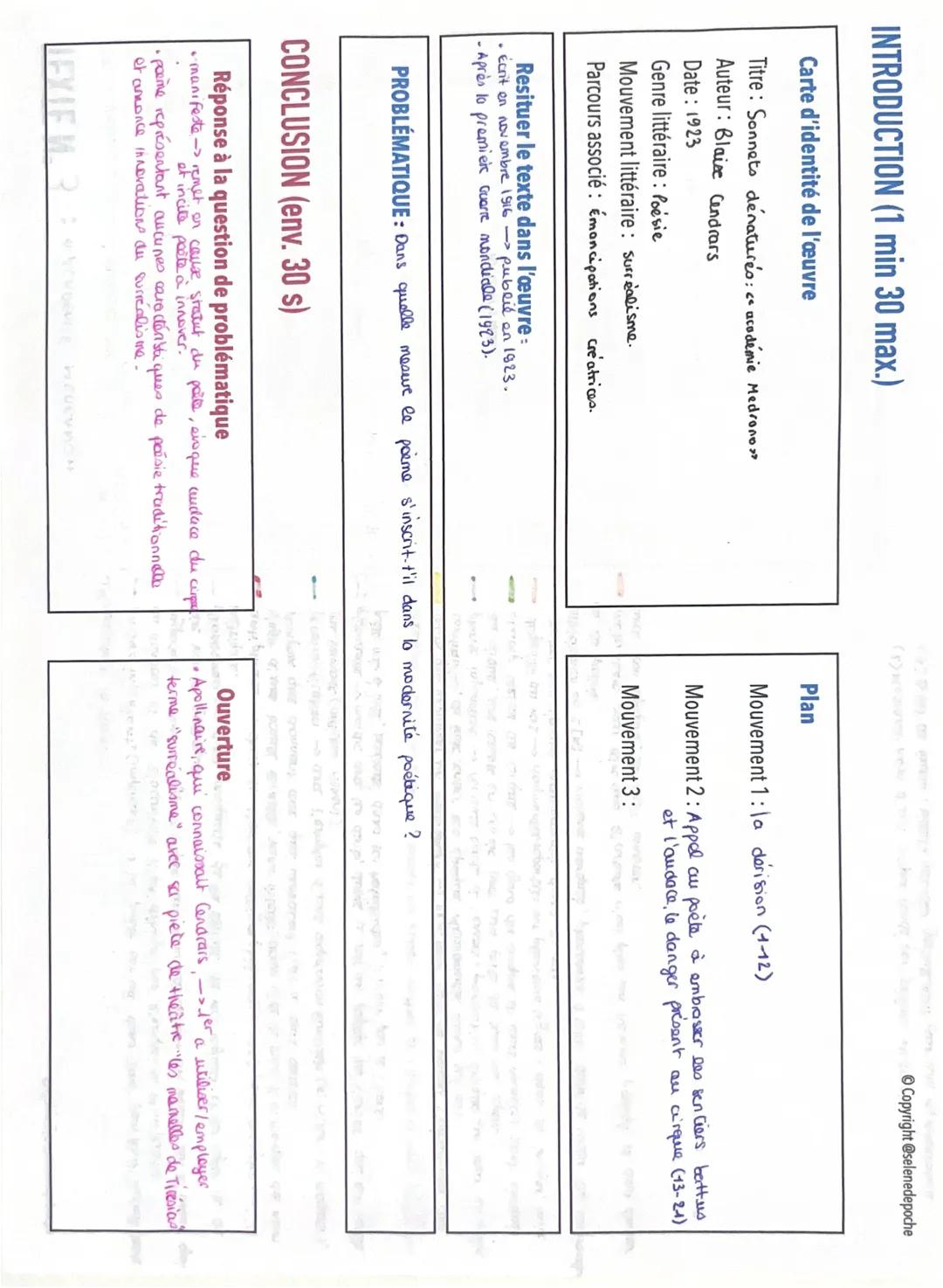 --- OCR Start ---
INTRODUCTION (1 min 30 max.)
Carte d'identité de l'œuvre
Titre: Sonnets dénaturés: académie Medrano"
Auteur: Blaise Cendra
