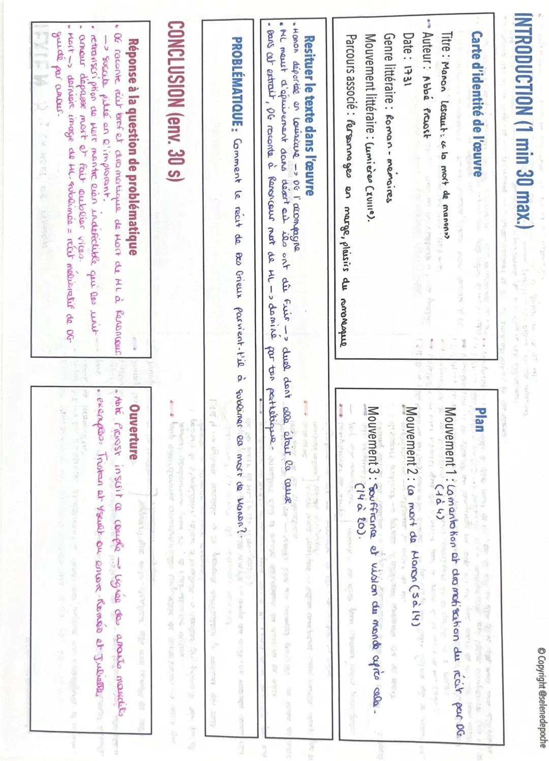 --- OCR Start ---
Copyright @selenedepoche
INTRODUCTION (1 min 30 max.)
Carte d'identité de l'œuvre
Titre: Manon Lescaut: & la mort de manon