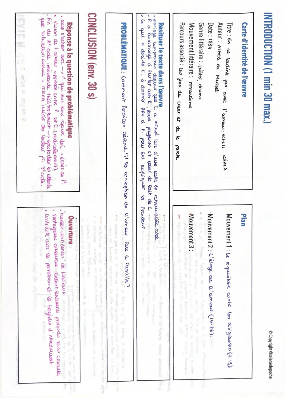--- OCR Start ---
INTRODUCTION (1 min 30 max.)
Carte d'identité de l'œuvre
Titre: on ne badine pas avec l'amour: actell scènes
Auteur: Alfre