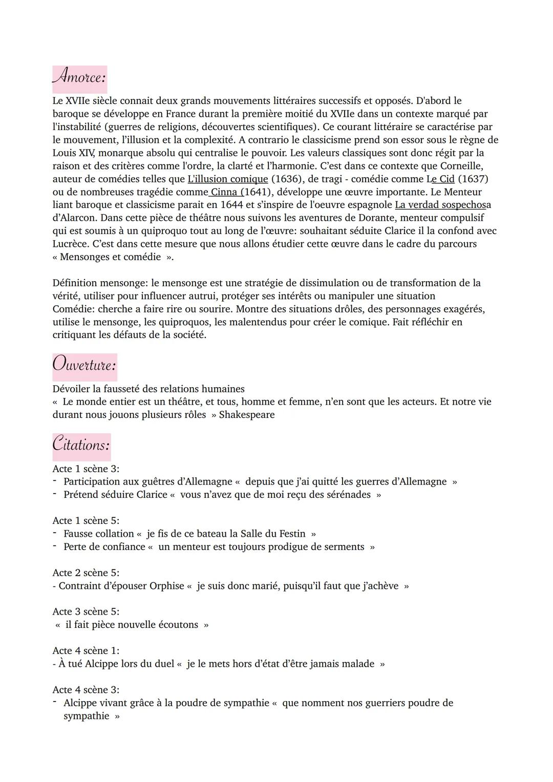 # Amorce:
Le XVIIe siècle connait deux grands mouvements littéraires successifs et opposés. D'abord le baroque se développe en France duran
