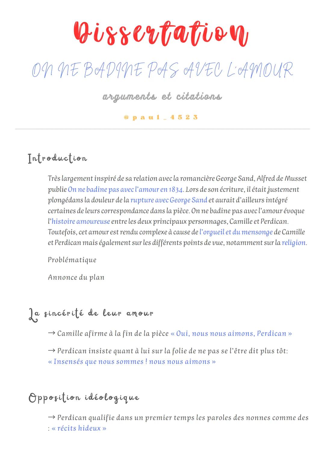 --- OCR Start ---
Dissertation
ON NE BADINE PAS AVEC L'AMOUR
arguments et citations
@paul-4523
Introduction
Très largement inspiré de sa rel