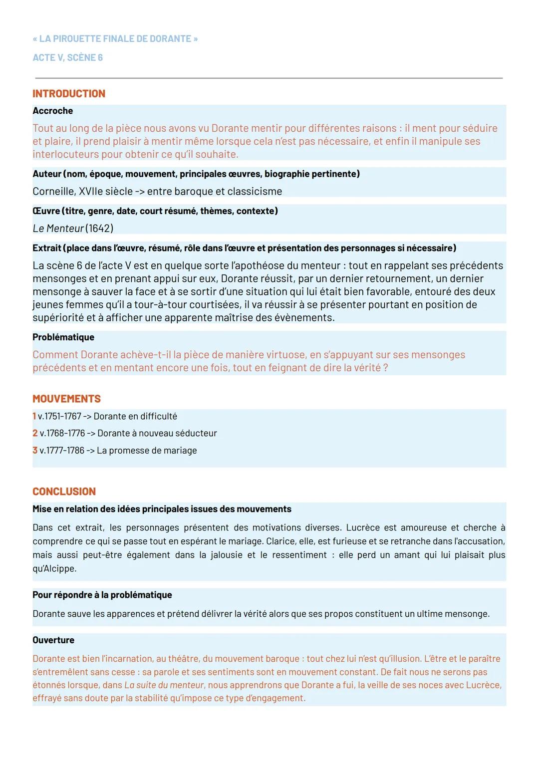 --- OCR Start ---
LA PIROUETTE FINALE DE DORANTE »
ACTE V, SCÈNE 6
INTRODUCTION
Accroche
Tout au long de la pièce nous avons vu Dorante ment
