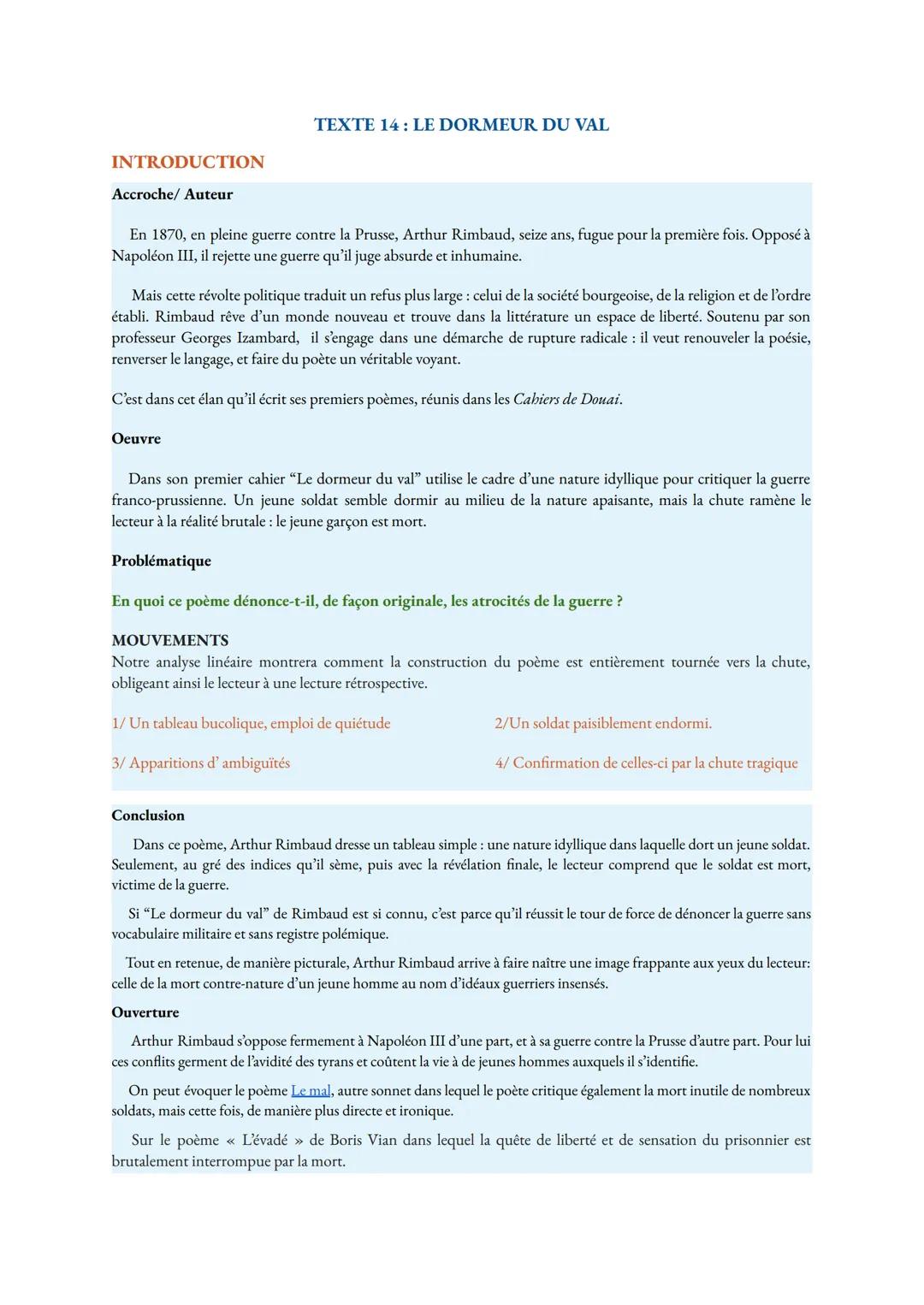 TEXTE 14: LE DORMEUR DU VAL
INTRODUCTION
Accroche/ Auteur
En 1870, en pleine guerre contre la Prusse, Arthur Rimbaud, seize ans, fugue pour