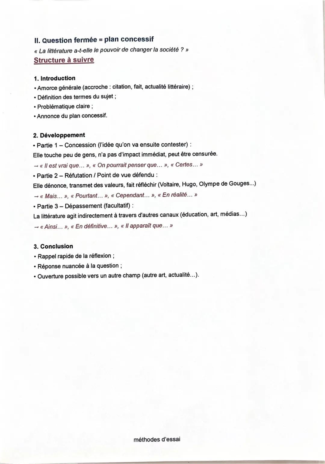 1. Question fermée = plan dialectique
<<< La littérature a-t-elle le pouvoir de changer la société ? >>>
Structure à suivre
1. Introduction
