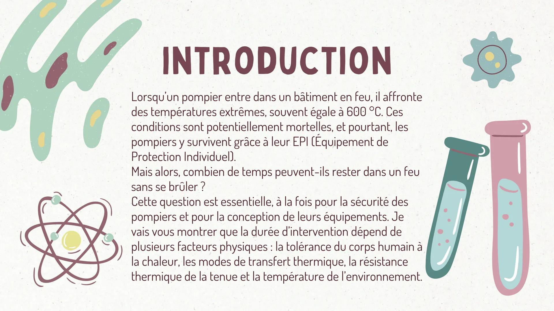 COMBIEN DE TEMPS UN POMPIER
PEUT IL RESTER DANS UN
INCENDIE SANS RISQUER DE SE
BRÜLER ?
GRAND ORAL DE PHYSIQUE-CHIMIE INTRODUCTION
Lorsqu'un