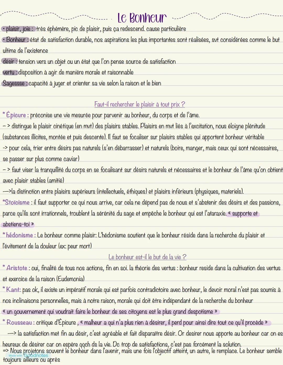Le Bonheur
• plaisir, joie: très éphémère, pic de plaisir, puis ça redescend. cause particulière
• Bonheur: état de satisfaction durable, no