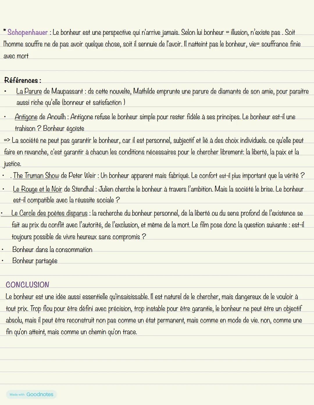 Le Bonheur
• plaisir, joie: très éphémère, pic de plaisir, puis ça redescend. cause particulière
• Bonheur: état de satisfaction durable, no