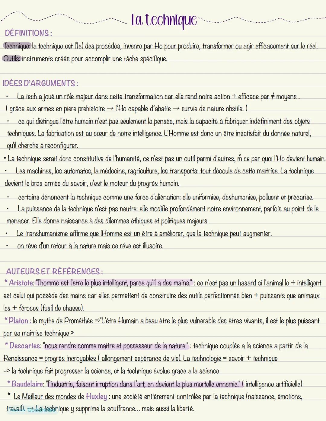DÉFINITIONS:
La technique
Technique: la technique est l'(e) des procédés, inventé par Ho pour produire, transformer ou agir efficacement sur