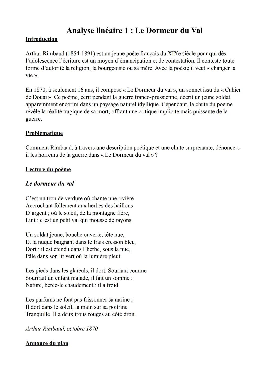 Analyse linéaire : Le dormeur du val