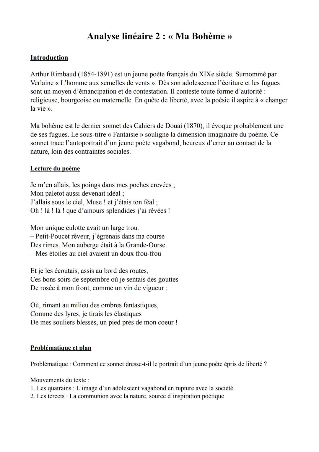 Introduction
Analyse linéaire 2: << Ma Bohème >>>
Arthur Rimbaud (1854-1891) est un jeune poète français du XIXe siècle. Surnommé par
Verlai