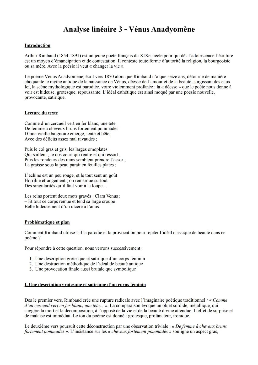 Analyse linéaire 3 - Vénus Anadyomène
Introduction
Arthur Rimbaud (1854-1891) est un jeune poète français du XIXe siècle pour qui dès l'adol