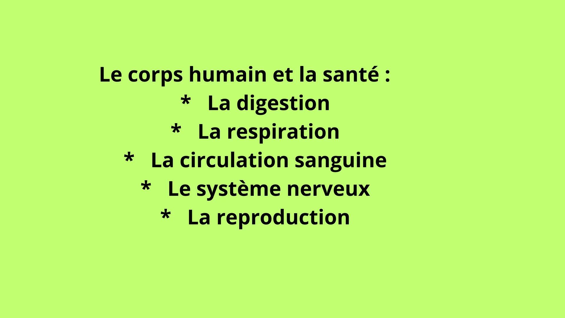 Brevet blanc de svt Le corps humain et la santé :
* La digestion
* La respiration
* La circulation sanguine
* Le système nerveux
* La reprod