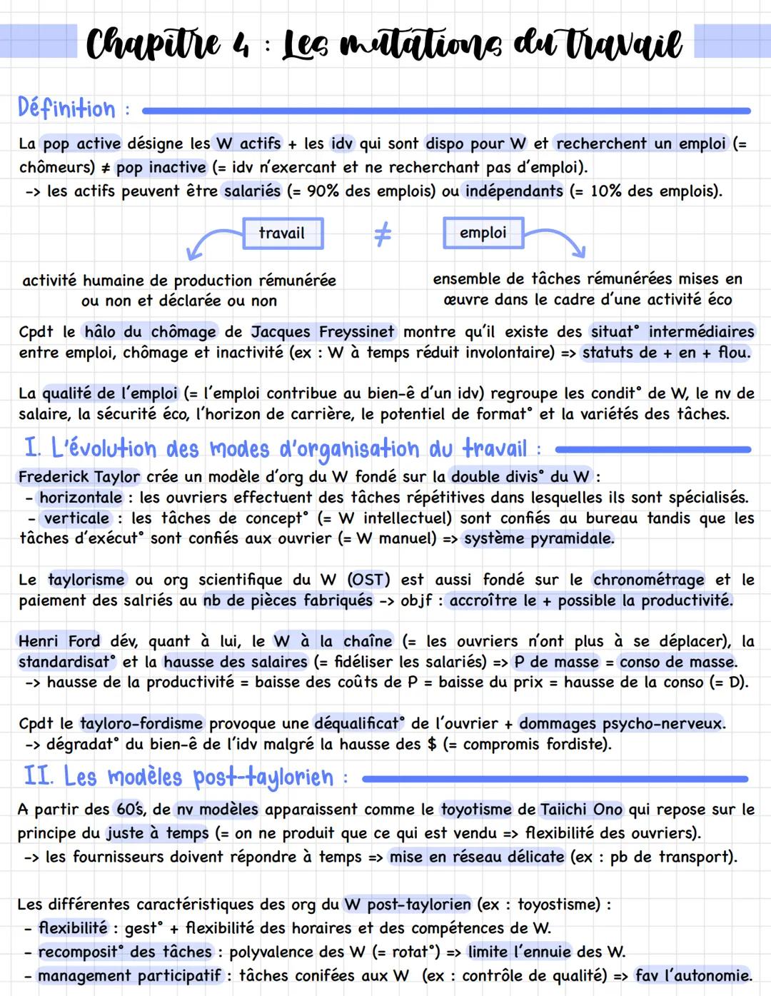 Chapitre 4: Les mutations du travail
Définition:
La pop active désigne les W actifs + les idv qui sont dispo pour W et recherchent un emploi