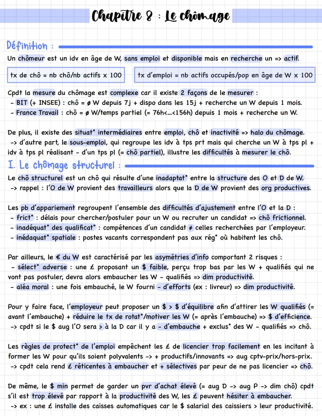 Chapitre 8: Le chômage
Définition
Un chômeur est un idv en âge de W, sans emploi et disponible mais en recherche un => actif.
tx de chô = nb