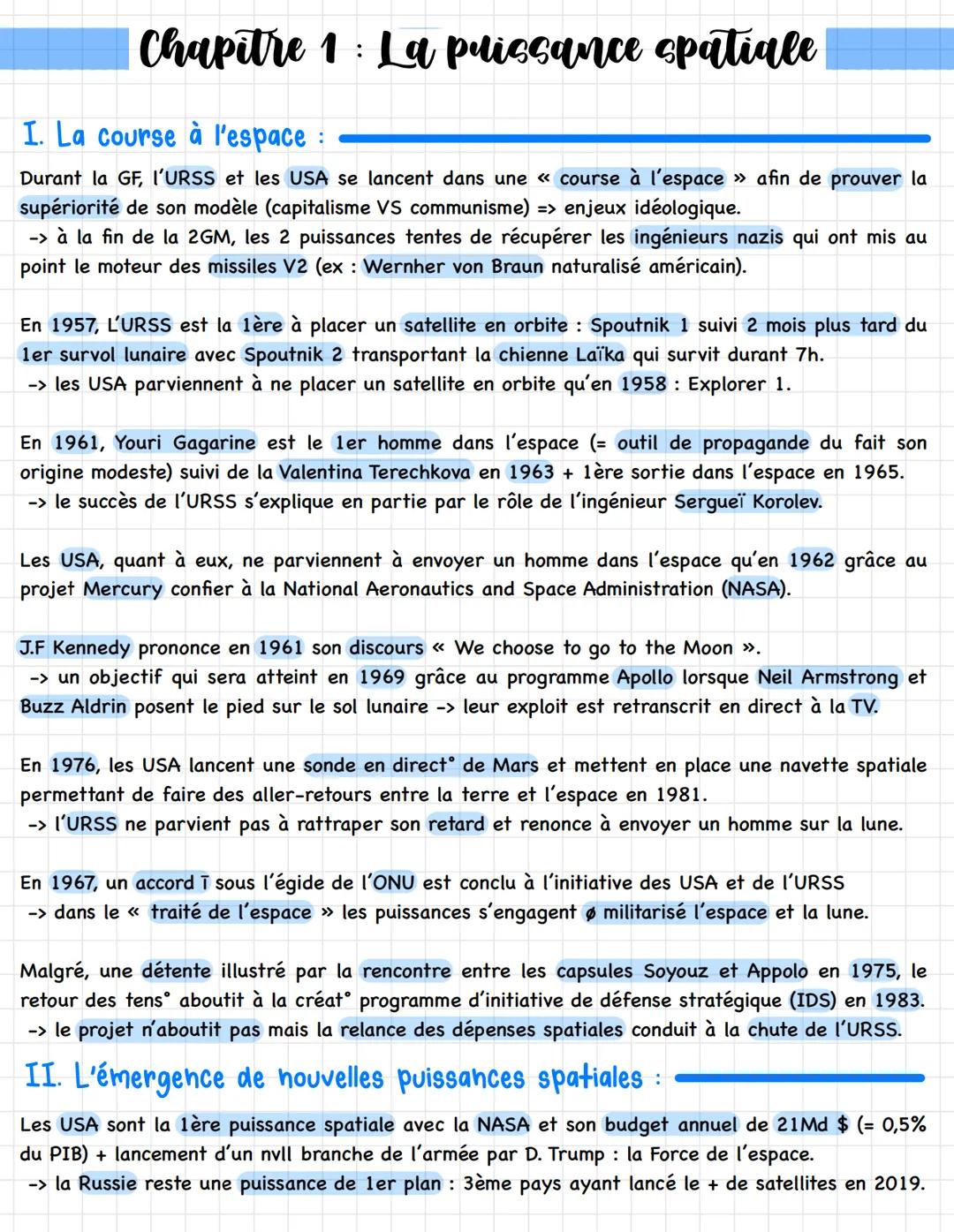 Chapitre 1: La puissance spatiale
I. La course à l'espace :
Durant la GF, I'URSS et les USA se lancent dans une « course à l'espace >> afin