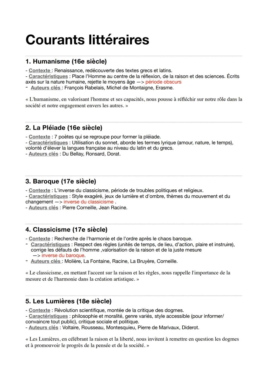 Les différents courants littéraires