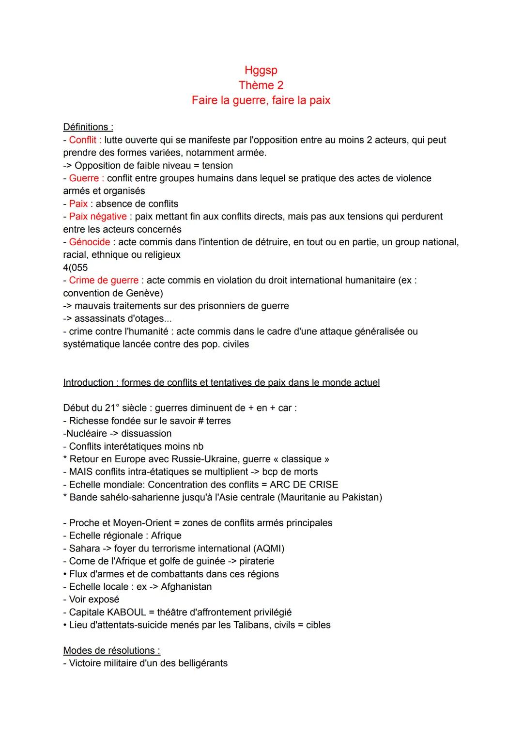 Définitions:
Hggsp
Thème 2
Faire la guerre, faire la paix
- Conflit: lutte ouverte qui se manifeste par l'opposition entre au moins 2 acteur