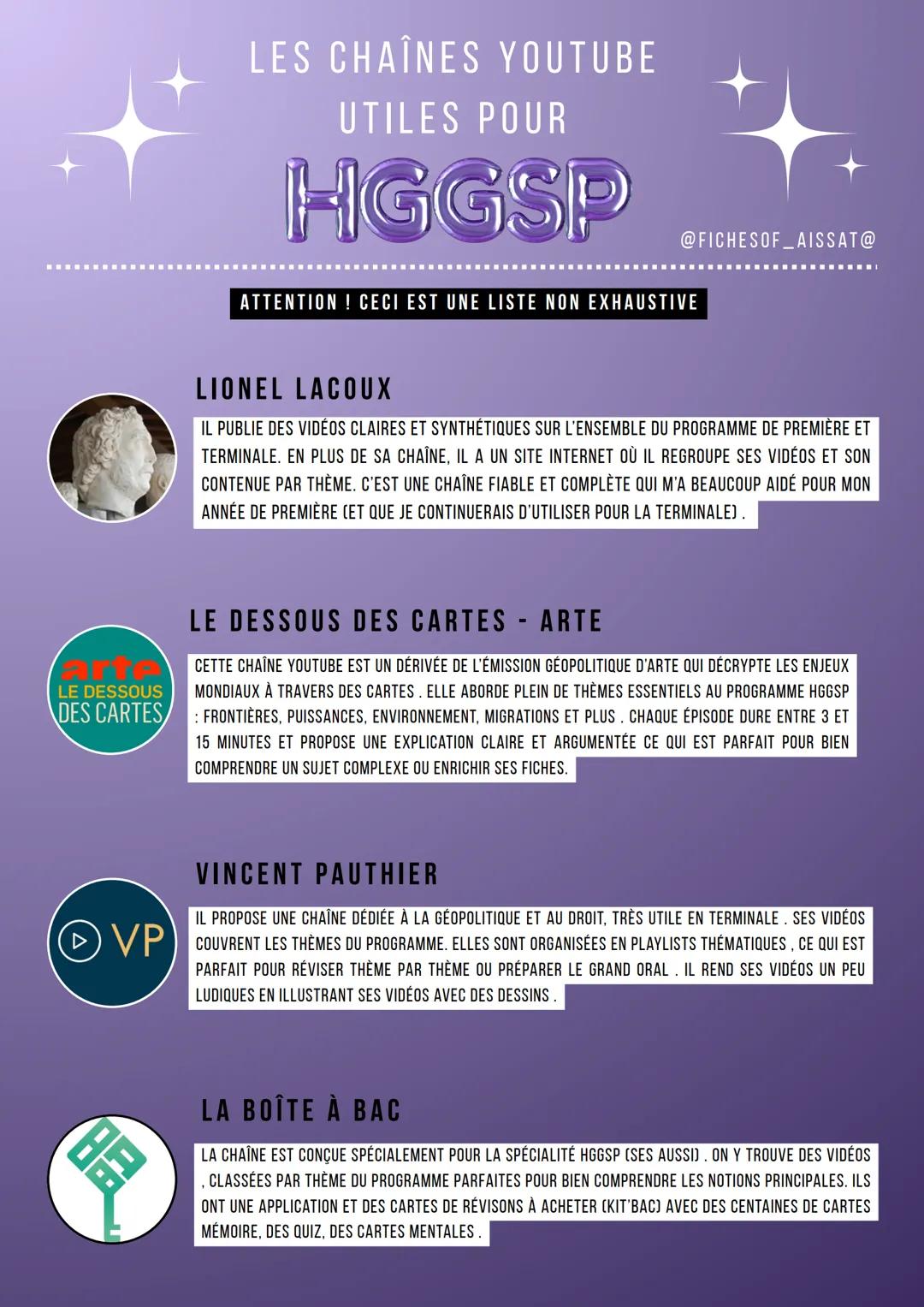 LES CHAÎNES YOUTUBE
UTILES POUR
HGGSP
@FICHESOF_AISSAT@
ATTENTION! CECI EST UNE LISTE NON EXHAUSTIVE
LIONEL LACOUX
IL PUBLIE DES VIDÉOS CLAI