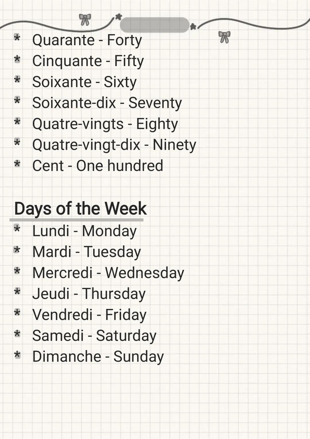 --- OCR Start ---
French vocabulary
Greetings
* Bonjour - Hello / Good morning
* Bonsoir - Good evening / Good night
* Salut - Hi / Bye (inf