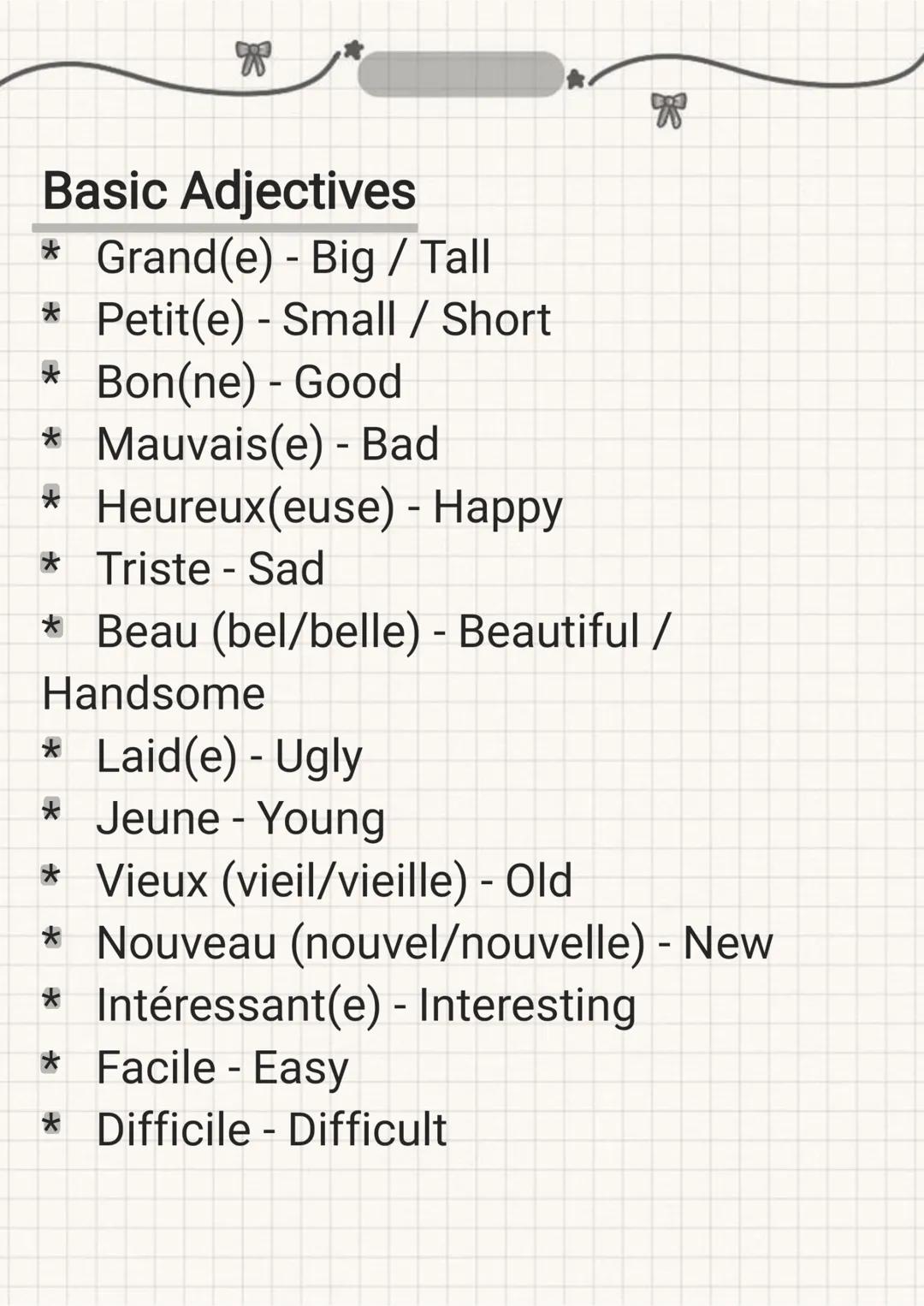 --- OCR Start ---
French vocabulary
Greetings
* Bonjour - Hello / Good morning
* Bonsoir - Good evening / Good night
* Salut - Hi / Bye (inf