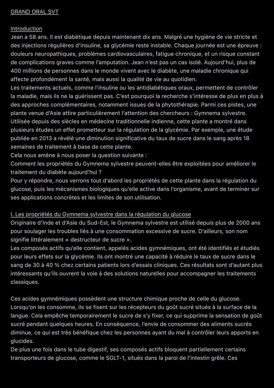 GRAND ORAL SVT
Introduction
Jean a 58 ans. Il est diabétique depuis maintenant dix ans. Malgré une hygiène de vie stricte et
des injections