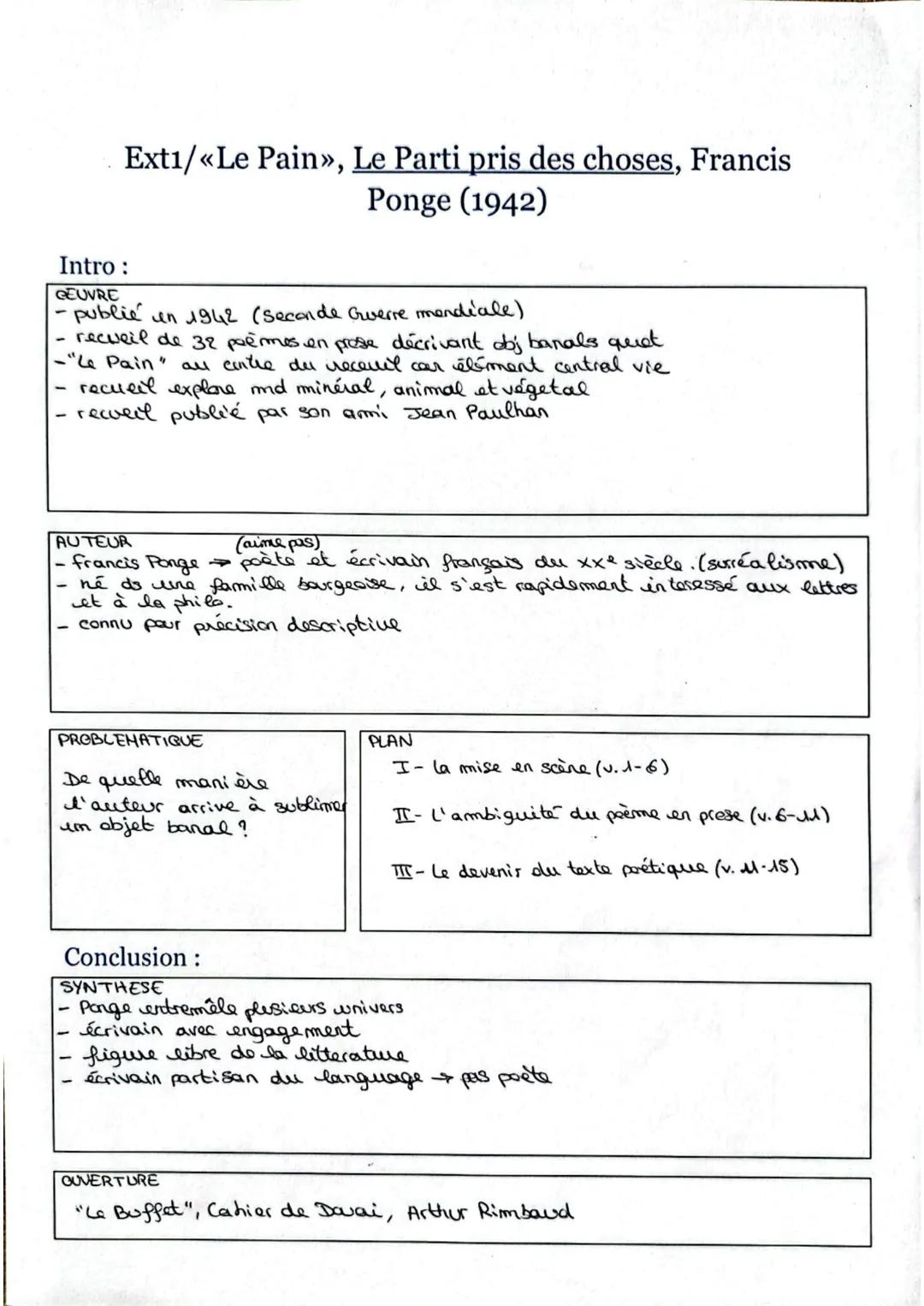 Intro:
Ext1/<«Le Pain», Le Parti pris des choses, Francis
Ponge (1942)
GEUVRE
- publié en 1942 (Seconde Guerre mondiale)
- recueil de 32 poè