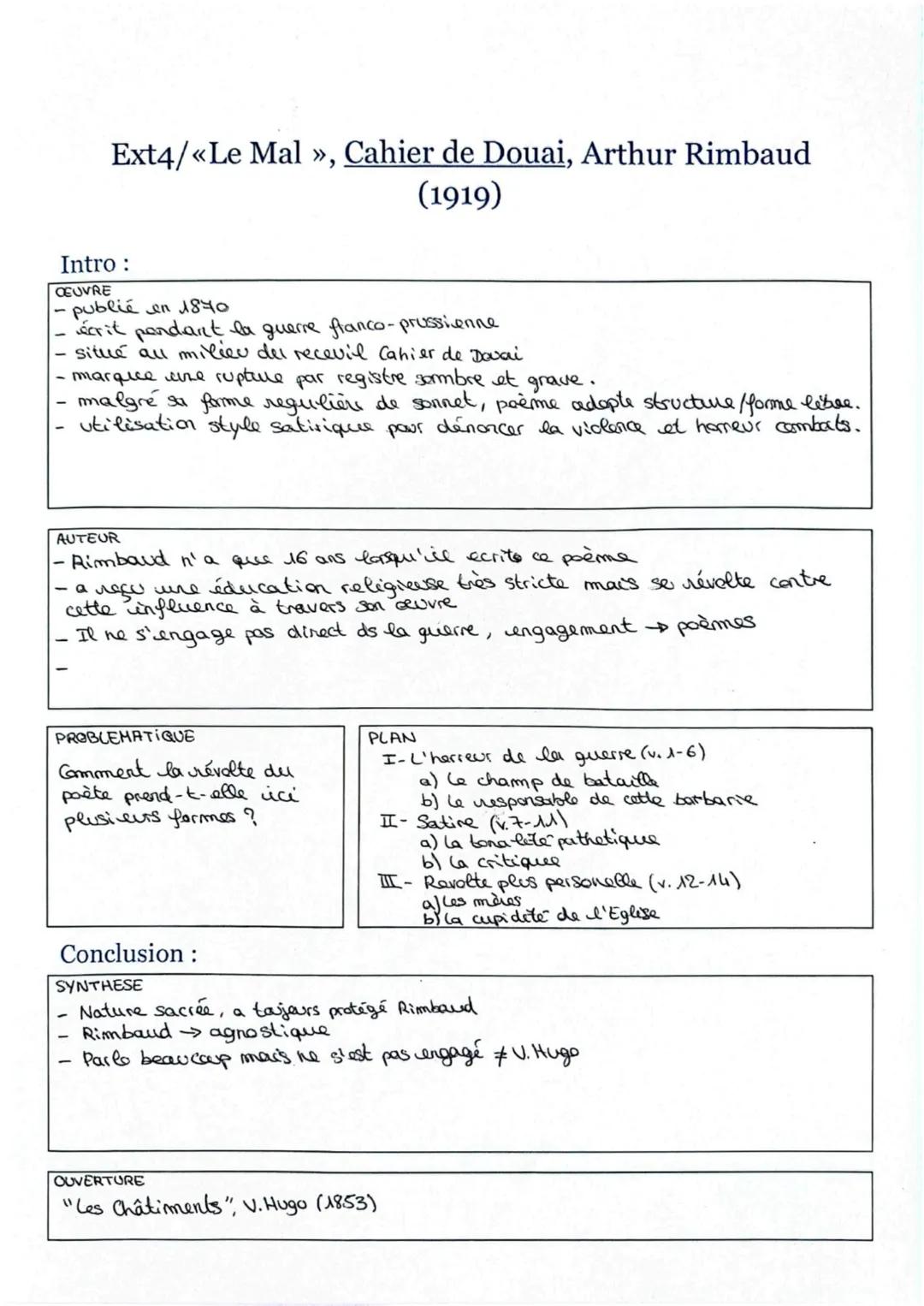 Ext4/<«Le Mal », Cahier de Douai, Arthur Rimbaud
(1919)
Intro:
publié en 1870
CŒUVRE
- écrit pendant la guerre franco-prussienne
- situé au