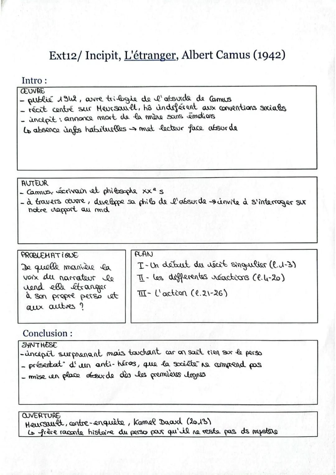 Intro:
Ext12/ Incipit, L'étranger, Albert Camus (1942)
ŒUVRE
- publié 1942, ouvre trilogie de l'absurde de Camus
- récit centré sur Meursaul