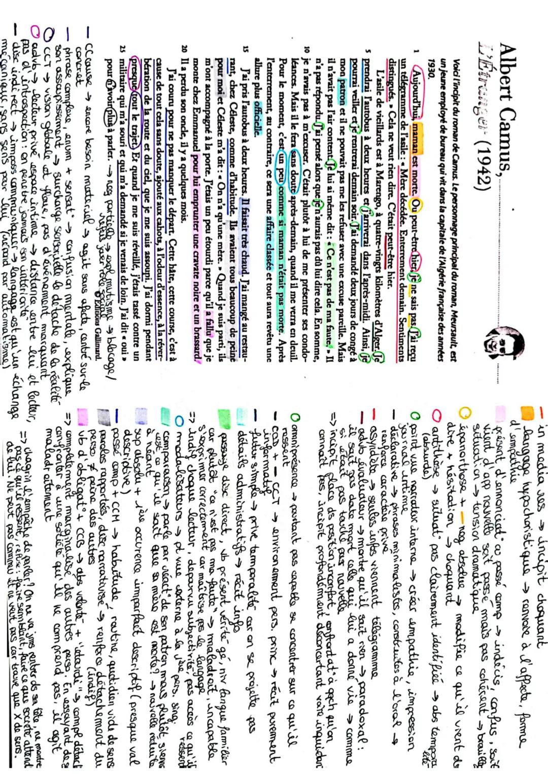 Intro:
Ext12/ Incipit, L'étranger, Albert Camus (1942)
ŒUVRE
- publié 1942, ouvre trilogie de l'absurde de Camus
- récit centré sur Meursaul