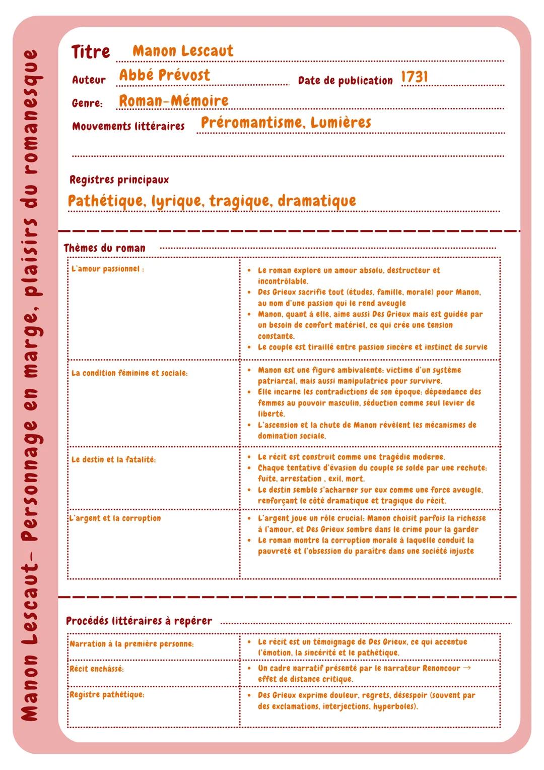 ## STUDY PLANNER Titre Manon Lescaut
Auteur
Abbé Prévost
Genre: Roman-Mémoire
Mouvements littéraires
Date de publication 1731
Préromantisme,