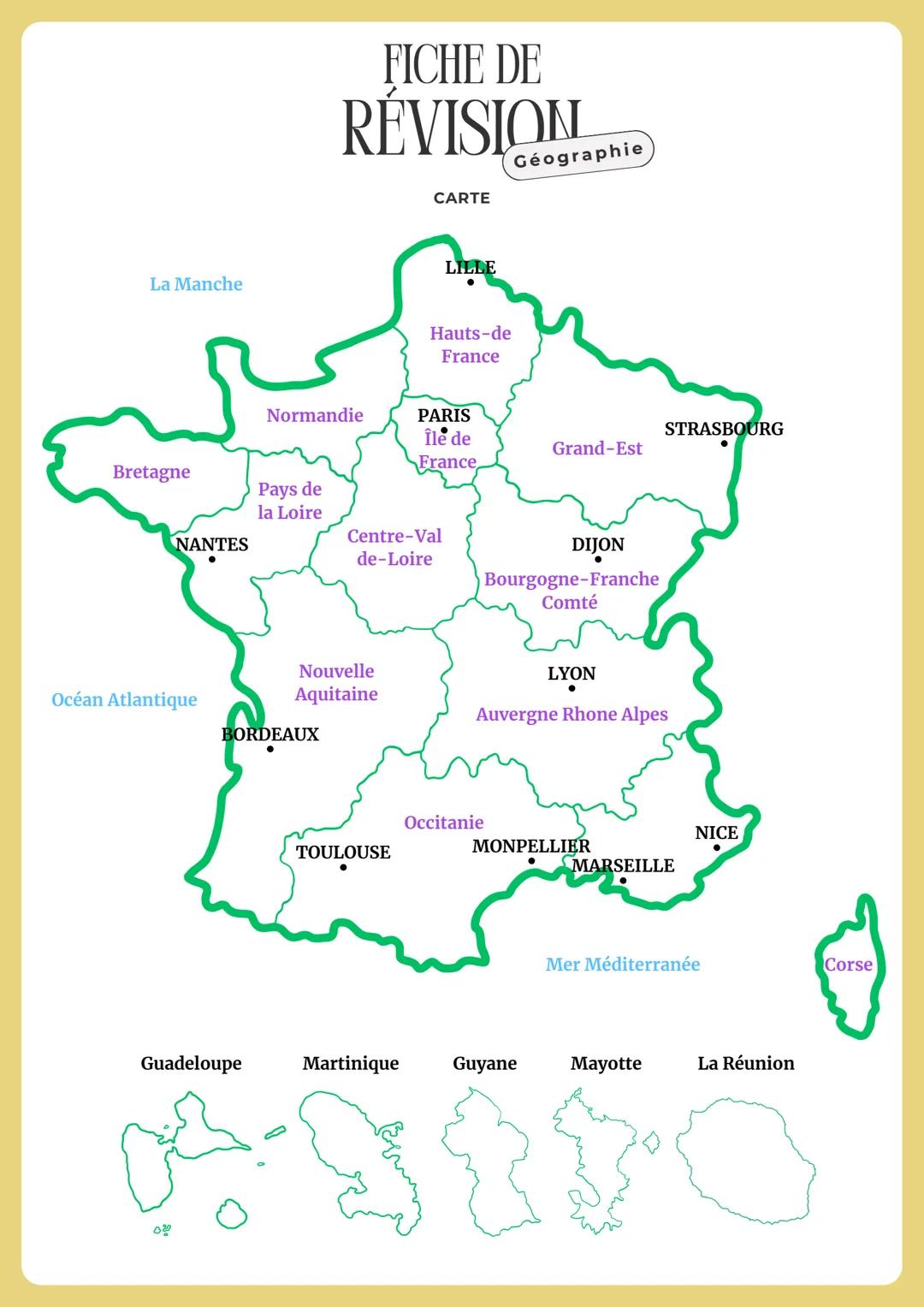 La Manche
FICHE DE
RÉVISION
Géographie
CARTE
LILLE
Hauts-de
France
Normandie
PARIS
Île de
STRASBOURG
Grand-Est
France
Bretagne
Pays de
la Lo