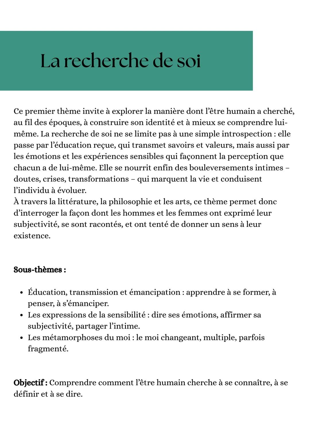 La recherche de soi
Ce premier thème invite à explorer la manière dont l'être humain a cherché,
au fil des époques, à construire son identit