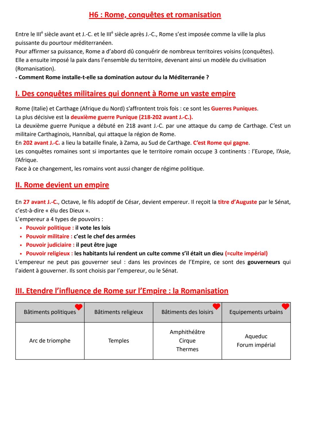 H6: Rome, conquêtes et romanisation
Entre le 111^{k} siècle avant et J.-C. et le
II^{k} siècle après J.-C., Rome s'est imposée comme la vil
