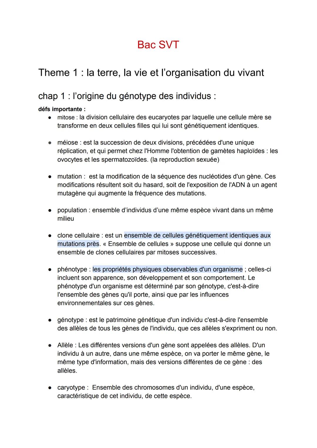 Bac SVT
Theme 1 : la terre, la vie et l'organisation du vivant
chap 1 : l'origine du génotype des individus :
défs importante:
• mitose: la