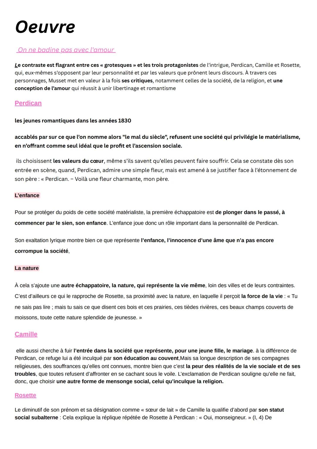 Oeuvre
On ne badine pas avec l'amour
Le contraste est flagrant entre ces << grotesques >> et les trois protagonistes de l'intrigue, Perdican