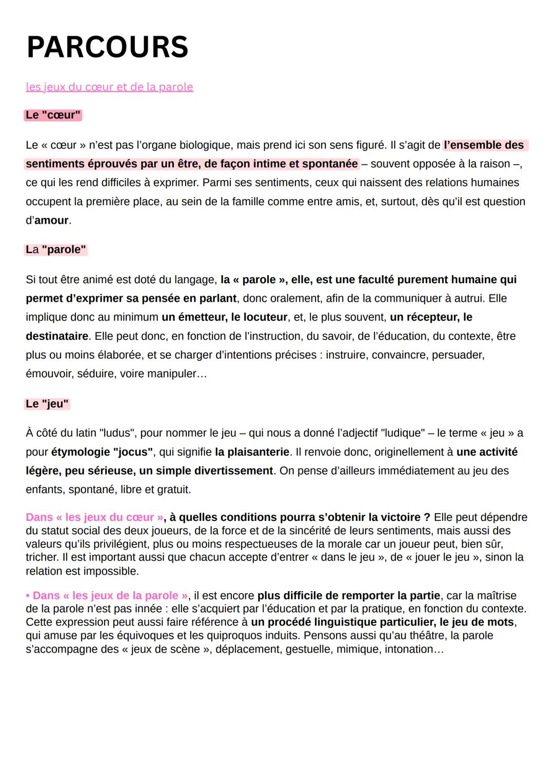 PARCOURS
les jeux du cœur et de la parole
Le "cœur"
Le << cœur >> n'est pas l'organe biologique, mais prend ici son sens figuré. Il s'agit d