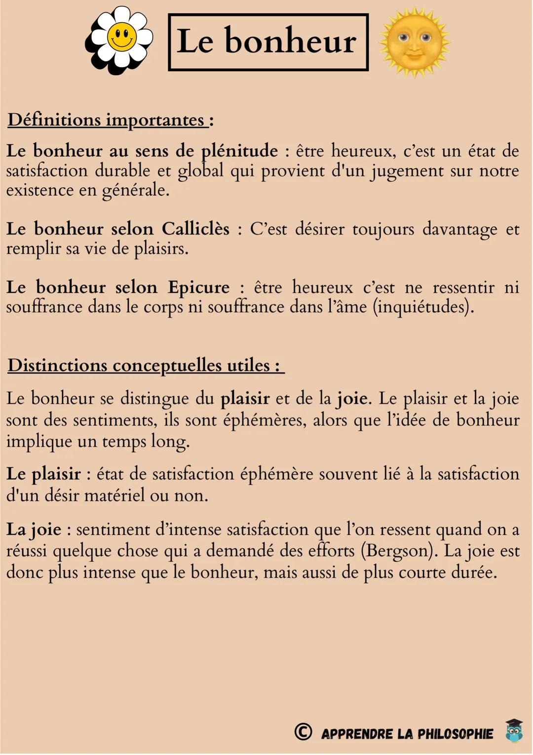 --- OCR Start ---
00
Le bonheur
Définitions importantes :
Le bonheur au sens de plénitude: être heureux, c'est un état de
satisfaction durab