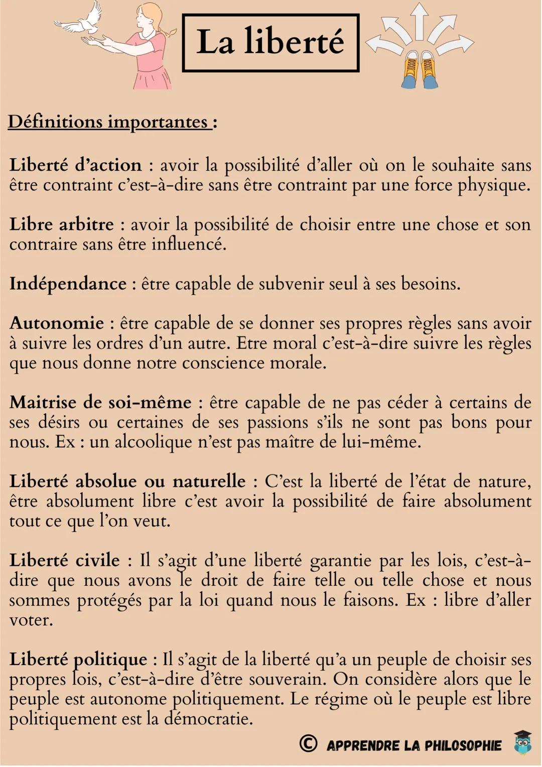 La liberté
Définitions importantes :
Liberté d'action: avoir la possibilité d'aller où on le souhaite sans
être contraint c'est-à-dire sans