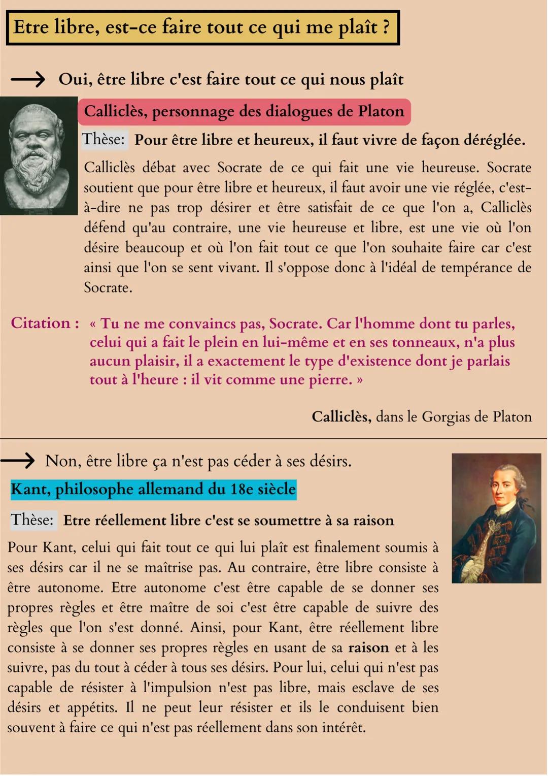 La liberté
Définitions importantes :
Liberté d'action: avoir la possibilité d'aller où on le souhaite sans
être contraint c'est-à-dire sans