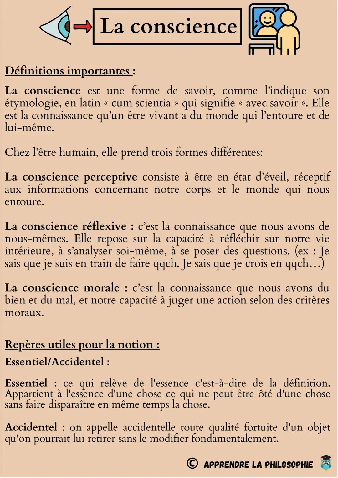 La conscience
Définitions importantes :
La conscience est une forme de savoir, comme l'indique son
étymologie, en latin « cum scientia » qui
