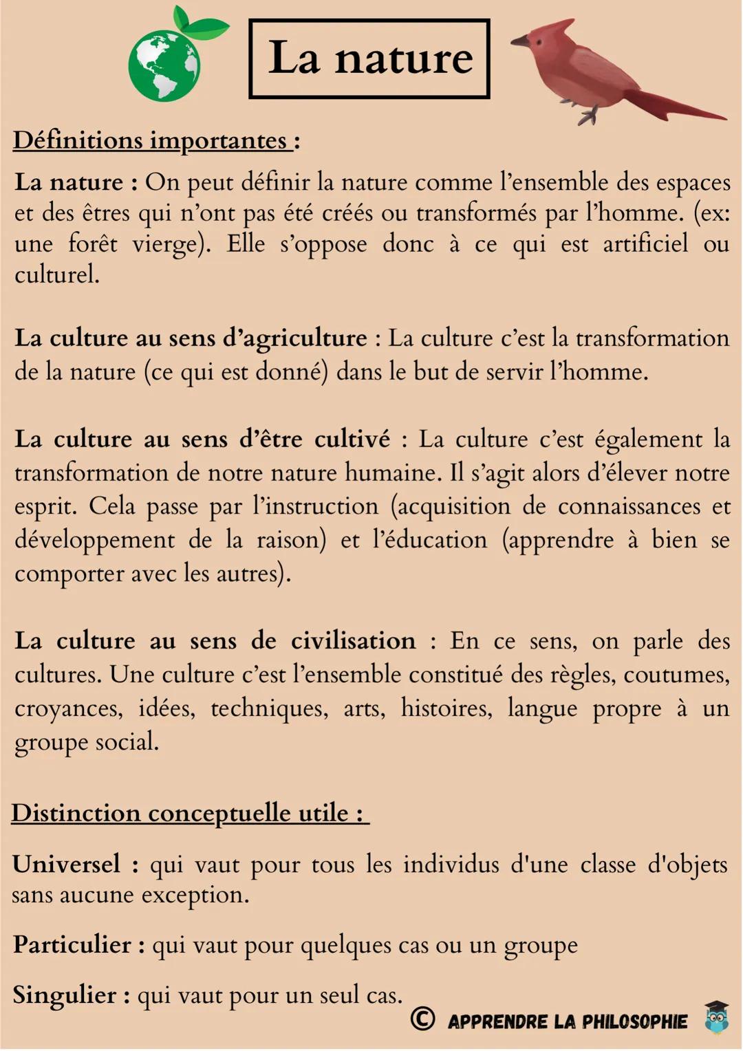 La nature
Définitions importantes :
La nature: On peut définir la nature comme l'ensemble des espaces
et des êtres qui n'ont pas été créés o