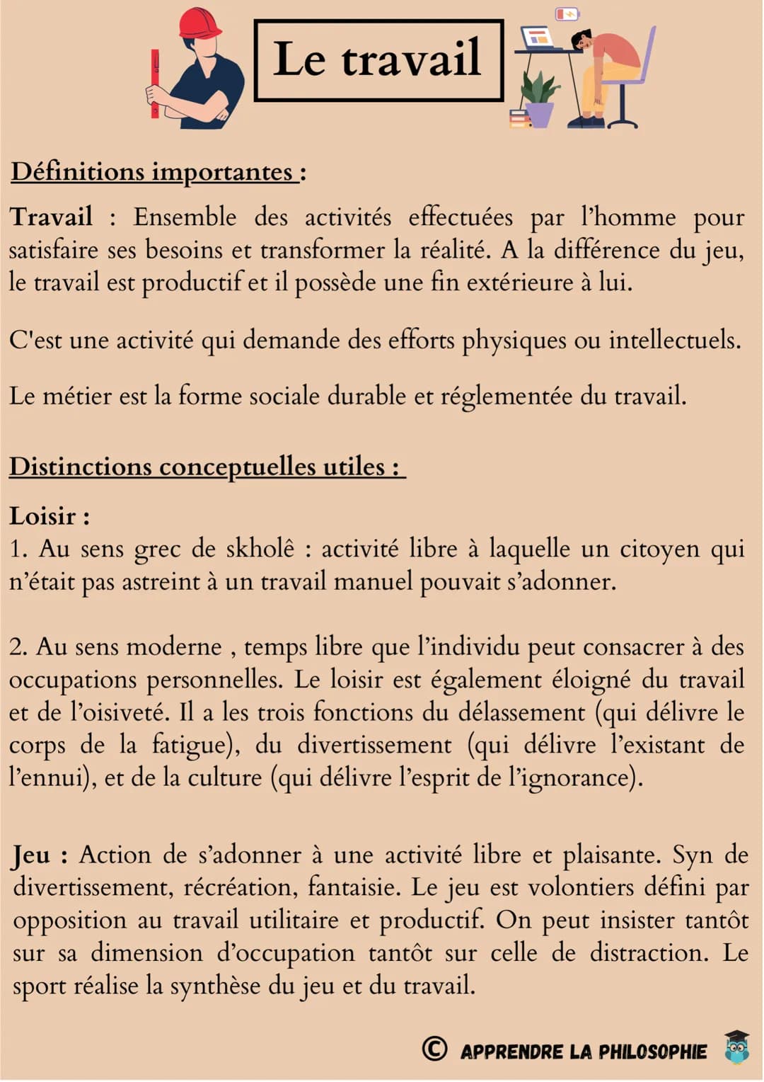 Le travail
Définitions importantes :
Travail : Ensemble des activités effectuées par l'homme pour
satisfaire ses besoins et transformer la r