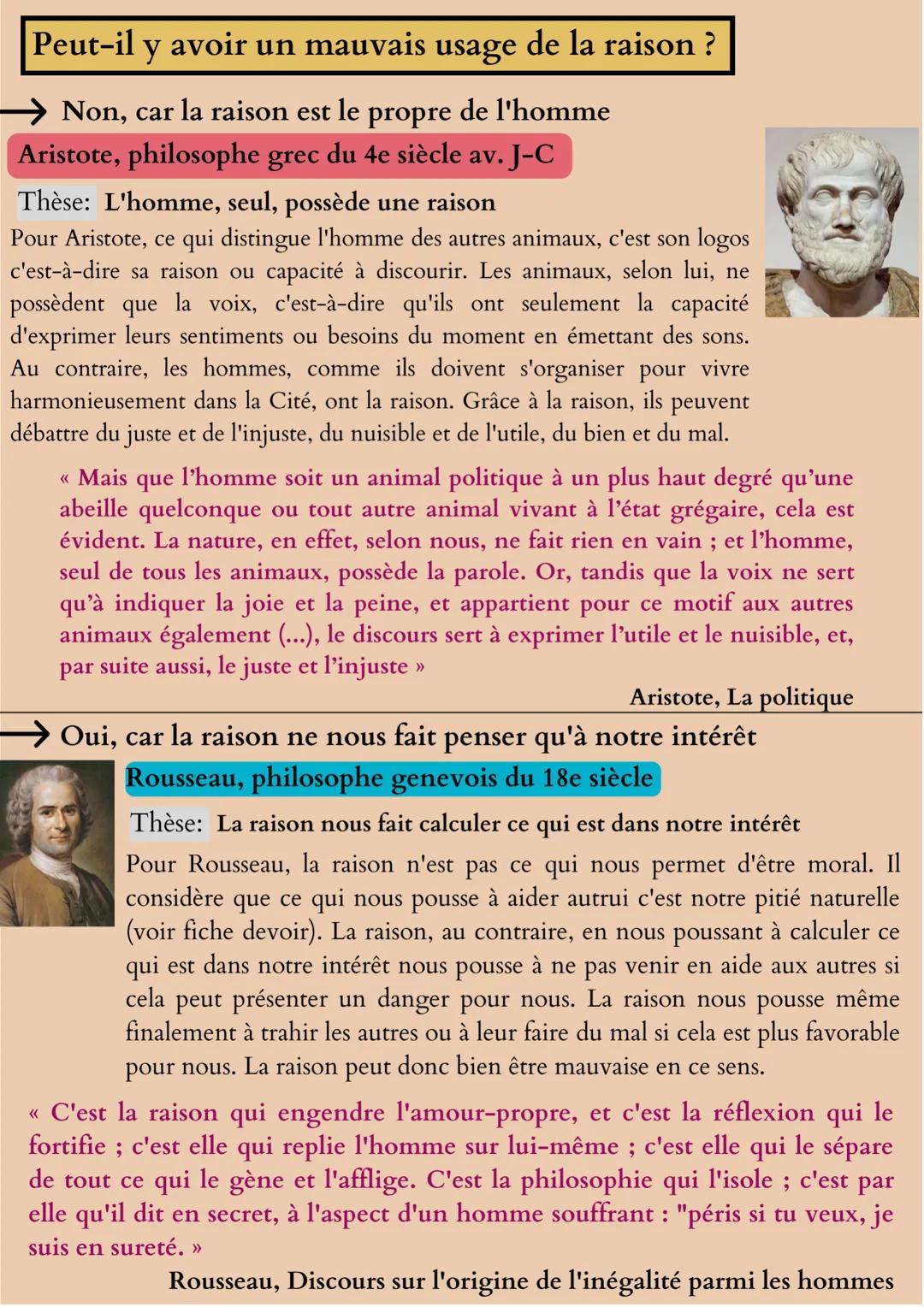 La raison
Définitions importantes :
Dans le domaine de la réflexion, utiliser sa raison c'est être
rationnel. Être rationnel c'est être capa