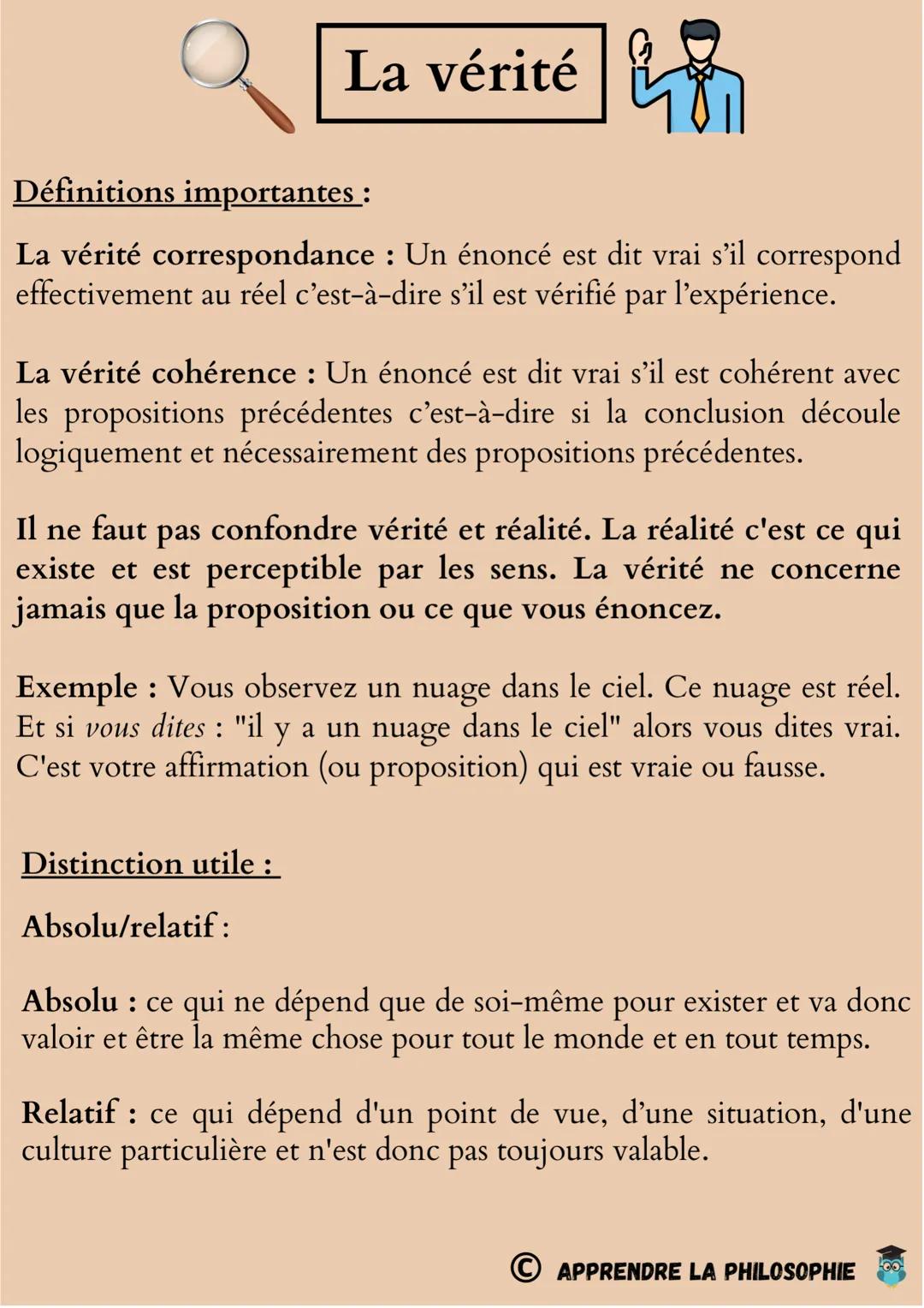 La vérité
Définitions importantes :
La vérité correspondance : Un énoncé est dit vrai s'il correspond
effectivement au réel c'est-à-dire s'i