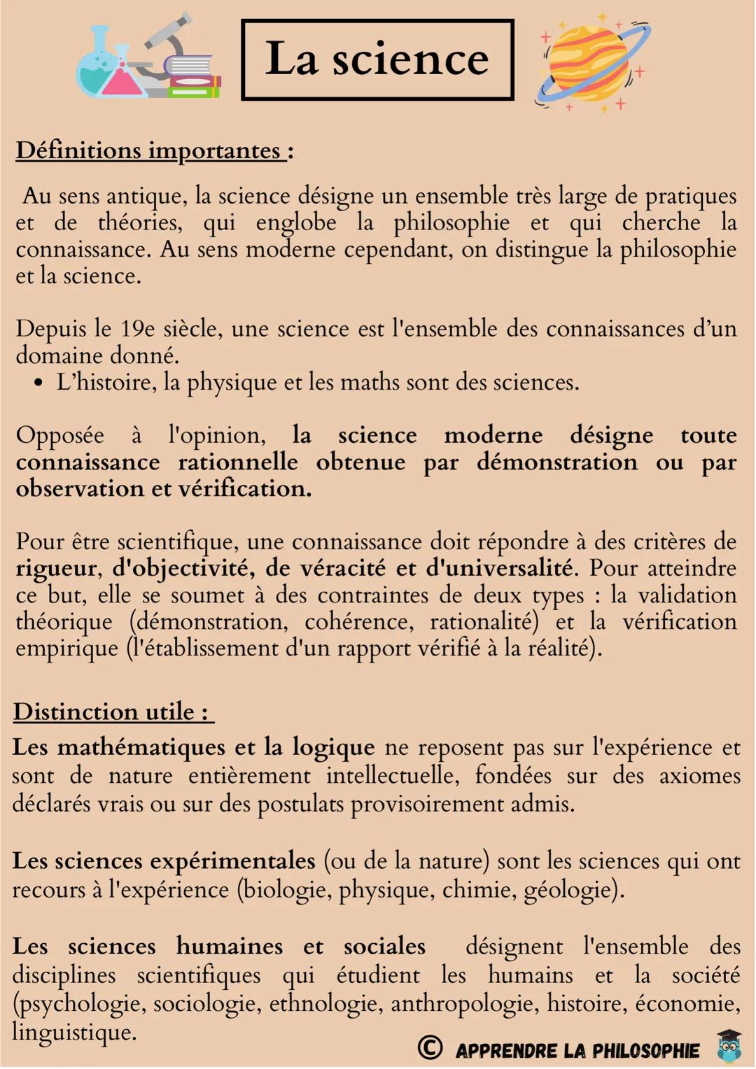 La science
Définitions importantes :
Au sens antique, la science désigne un ensemble très large de pratiques
et de théories, qui englobe la