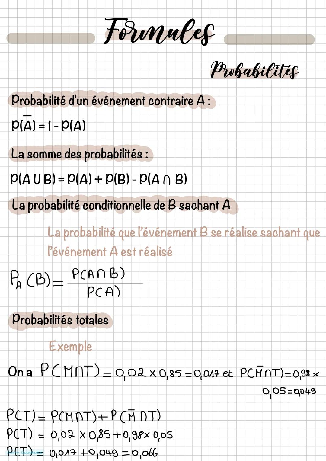 ## Formules
Probabilités
Probabilité d'un événement contraire A:
P(A) = 1 - P(A)
La somme des probabilités:
P(A U B) = P(A) + P(B) - P(