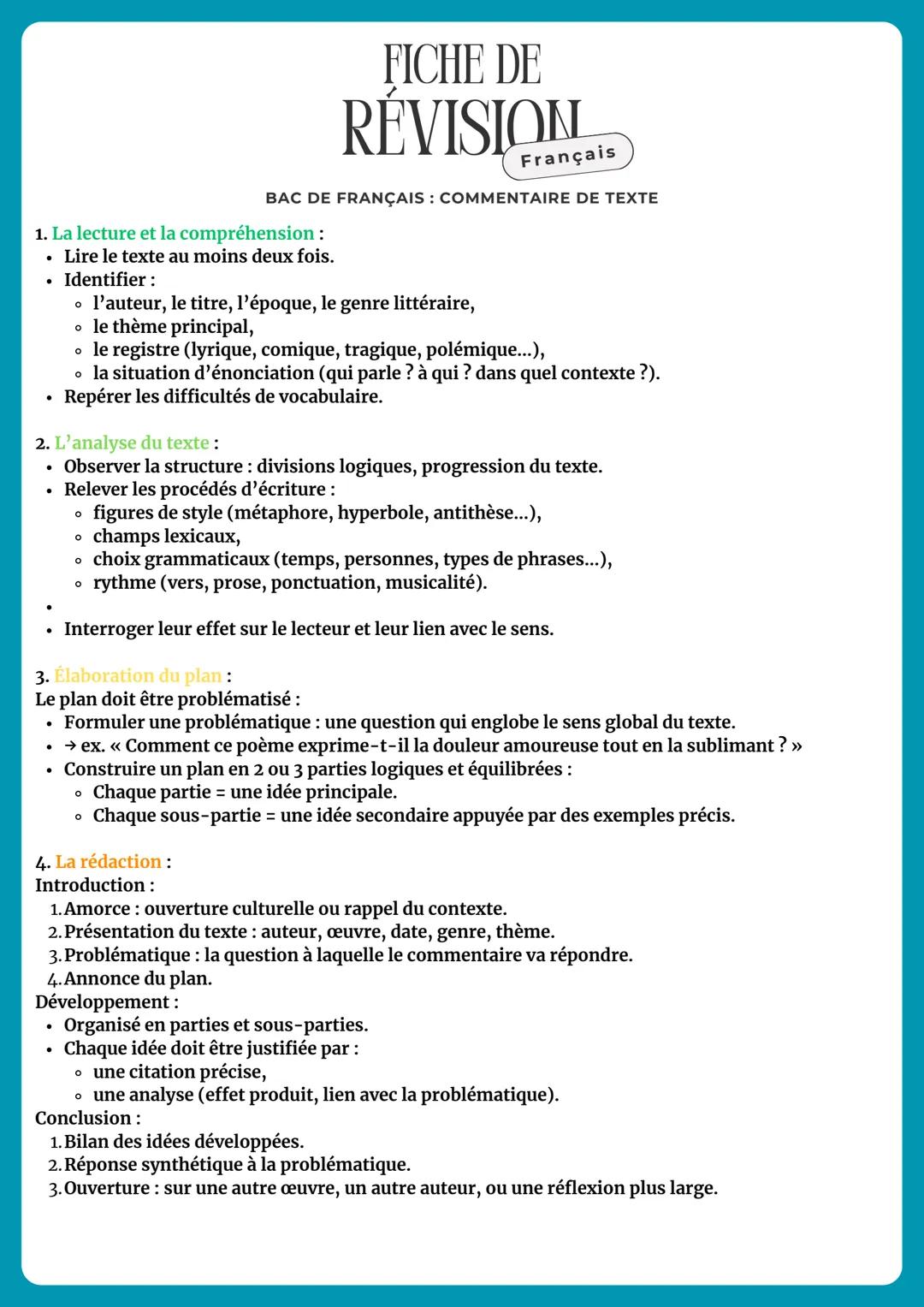 FICHE DE
RÉVISION
Français
BAC DE FRANÇAIS: COMMENTAIRE DE TEXTE
1. La lecture et la compréhension :
Lire le texte au moins deux fois.
Ident